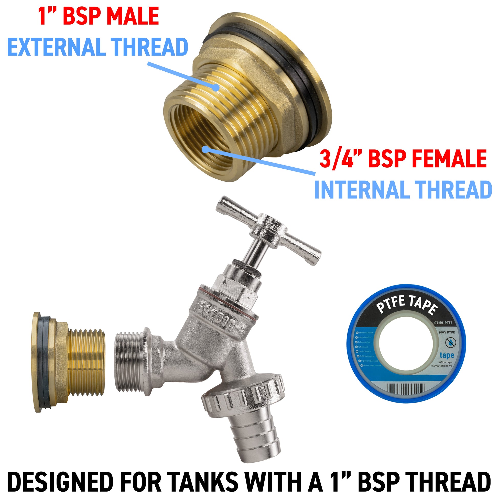 Water Butt Brass Kit 1" with Nickel Plated Barbed Tap - Best4Trade-Retail Tech Hose & Fittings