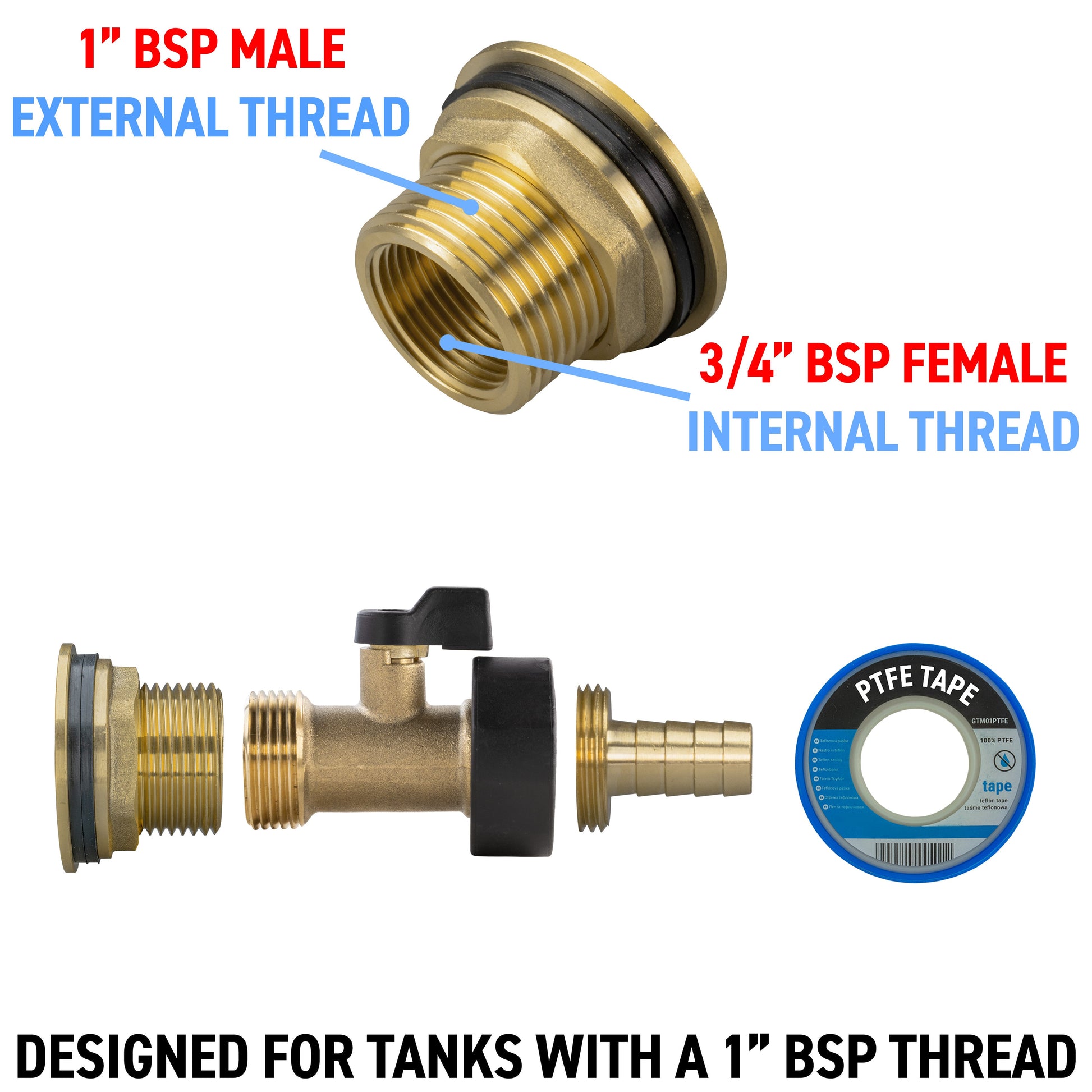 Water Butt Brass Kit 1" with Brass Valve + 13mm Barb and Drill Bit - Best4Trade-Retail Tech Hose & Fittings