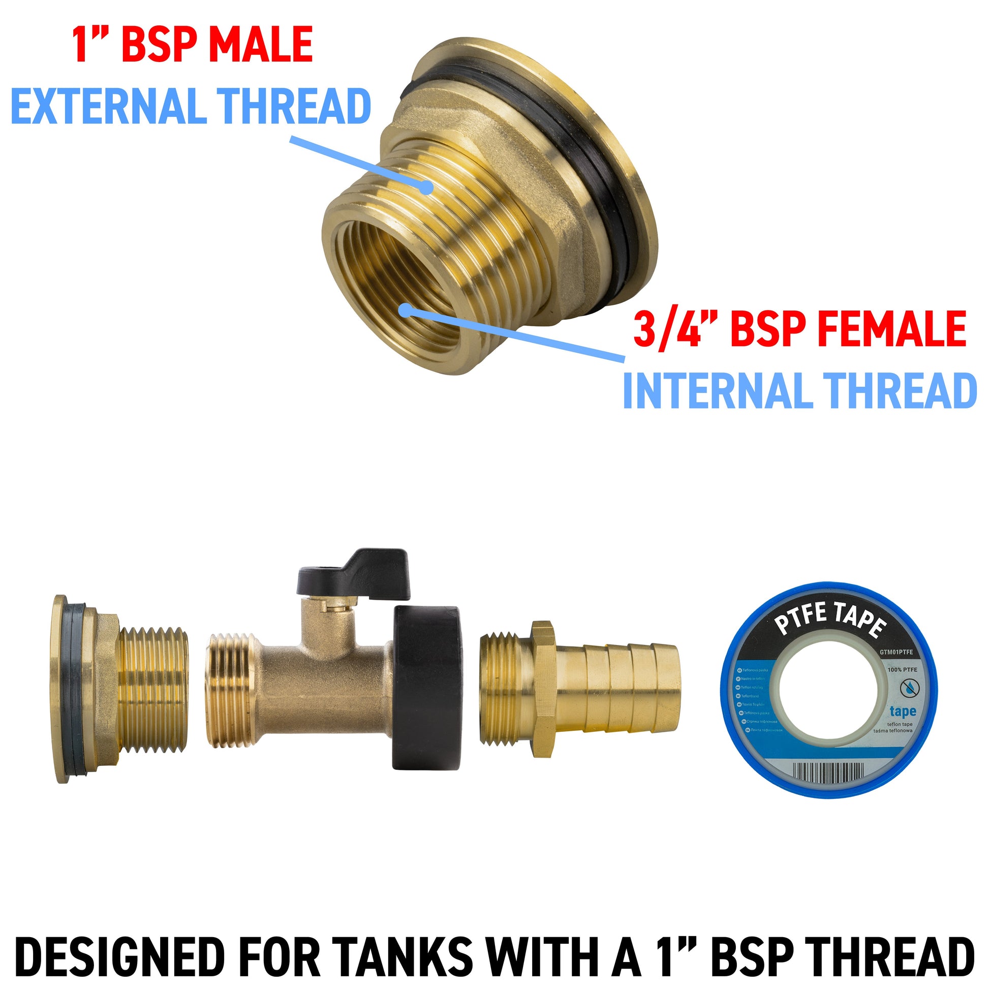 Water Butt Brass Kit 1" with Brass Valve + 19mm Barb - Best4Trade-Retail Tech Hose & Fittings