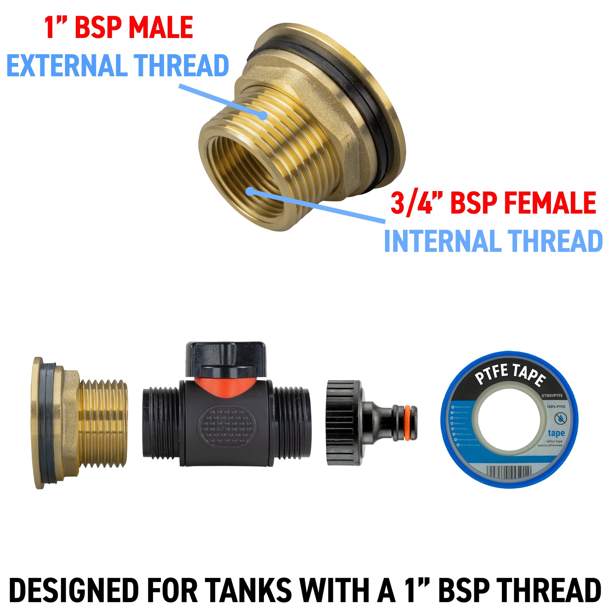 Water Butt Brass Kit 1" with In-Line Valve + Quick Connect and Drill Bit - Best4Trade-Retail Tech Hose & Fittings