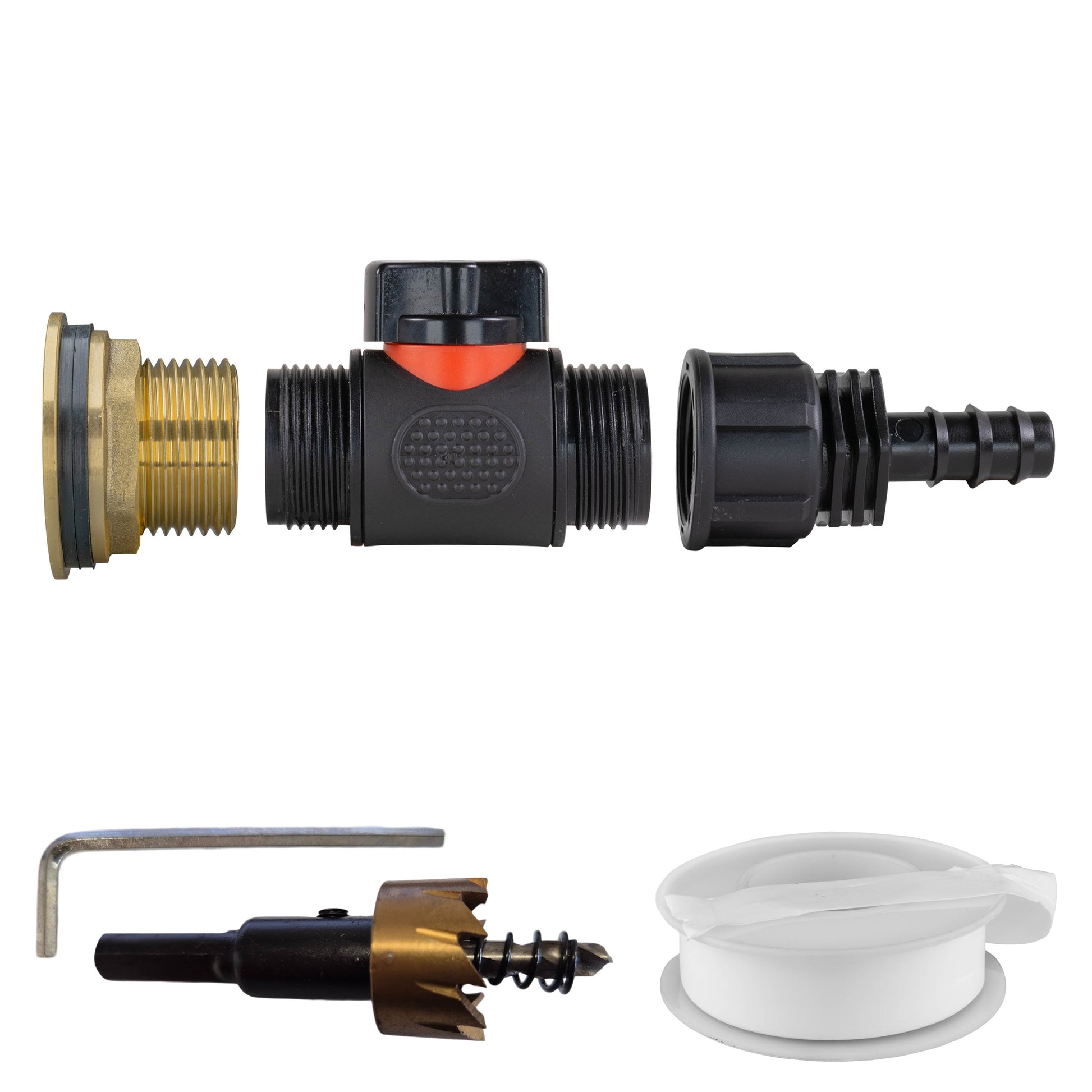 Water Butt Brass Kit 1" with In-Line Valve + 16mm Barb and Drill Bit - Best4Trade-Retail Tech Hose & Fittings