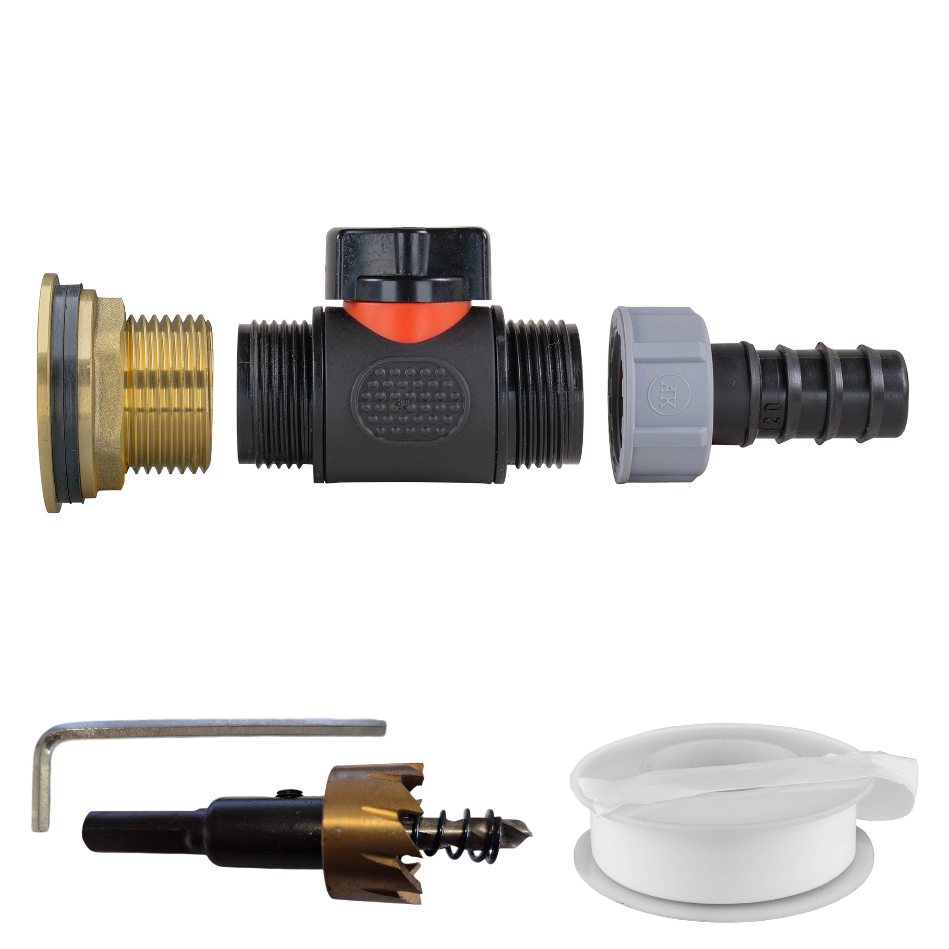 Water Butt Brass Kit 1" with In-Line Valve + 20mm Barb and Drill Bit - Best4Trade-Retail Tech Hose & Fittings
