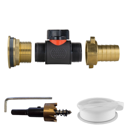 Water Butt Brass Kit 1" with In-Line Valve + 3/4" Brass Barb and Drill Bit - Best4Trade-Retail Tech Hose & Fittings