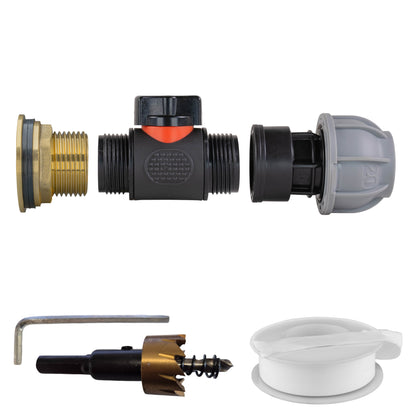 Water Butt Brass Kit 1" with In-Line Valve + 20mm MDPE and Drill Bit - Best4Trade-Retail Tech Hose & Fittings