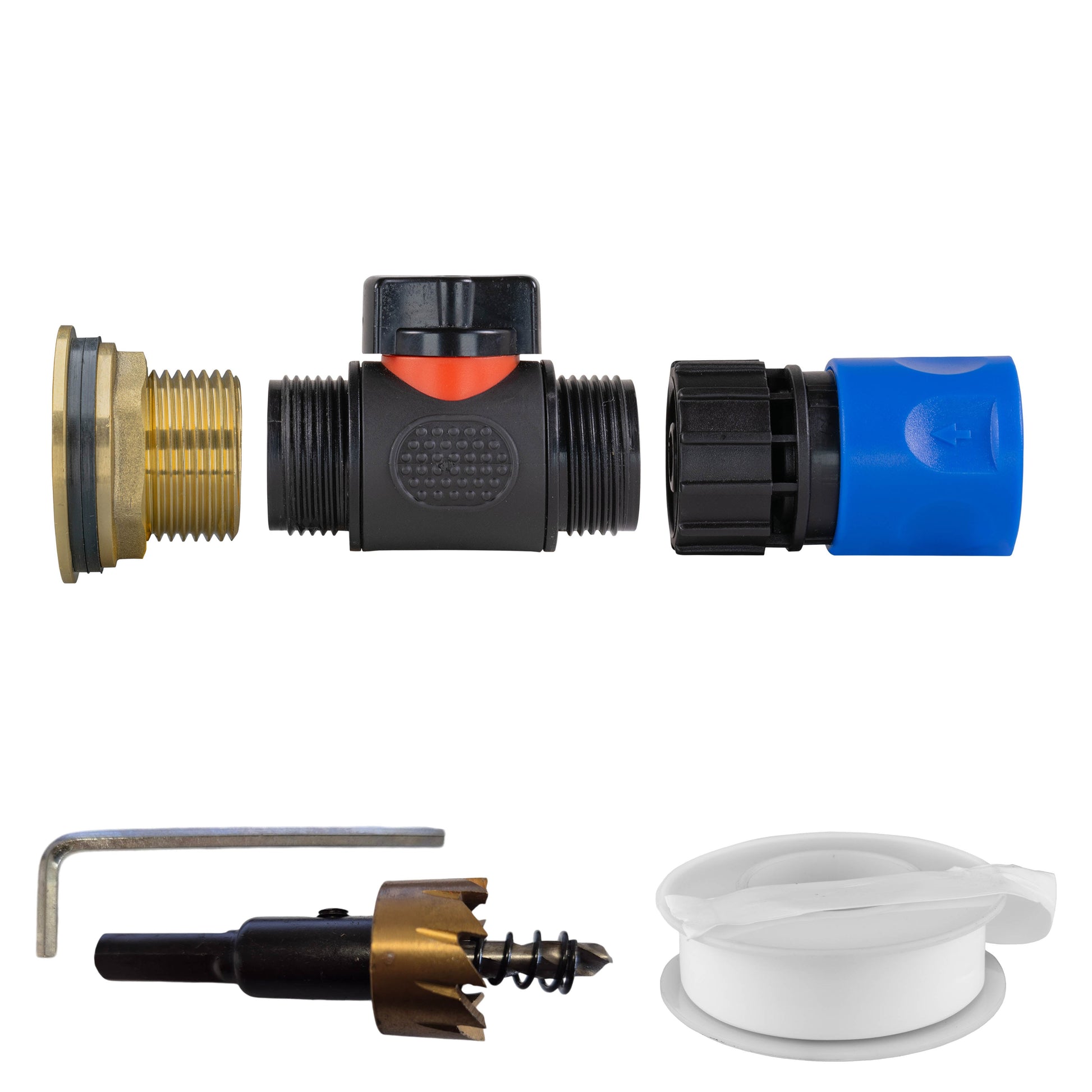 Water Butt Brass Kit 1" with In-Line Valve + Female Quick Connector Blue and Drill Bit - Best4Trade-Retail Tech Hose & Fittings