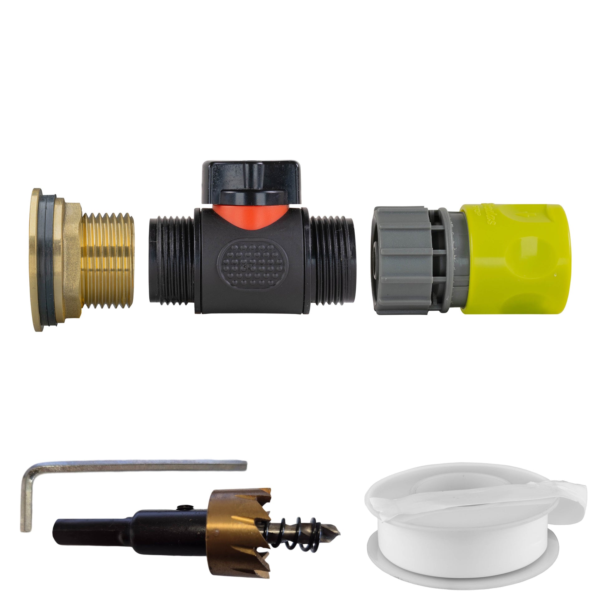 Water Butt Brass Kit 1" with In-Line Valve + Female Quick Connector Lime and Drill Bit - Best4Trade-Retail Tech Hose & Fittings