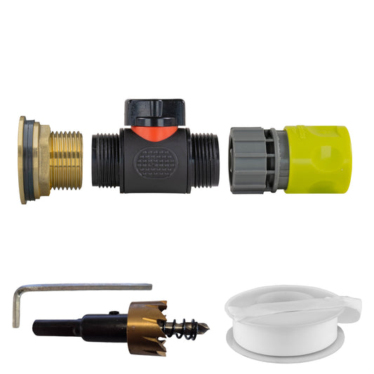 Water Butt Brass Kit 1" with In-Line Valve + Female Quick Connector Lime and Drill Bit - Best4Trade-Retail Tech Hose & Fittings