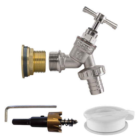 Water Butt Brass Kit 1" with Nickel Plated Barbed Tap and Drill Bit - Best4Trade-Retail Tech Hose & Fittings