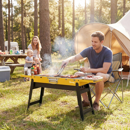 Outsunny Portable BBQ Grill, Foldable Charcoal Grill for Camping and Picnics with 2 Side Shelves and Handle, Yellow