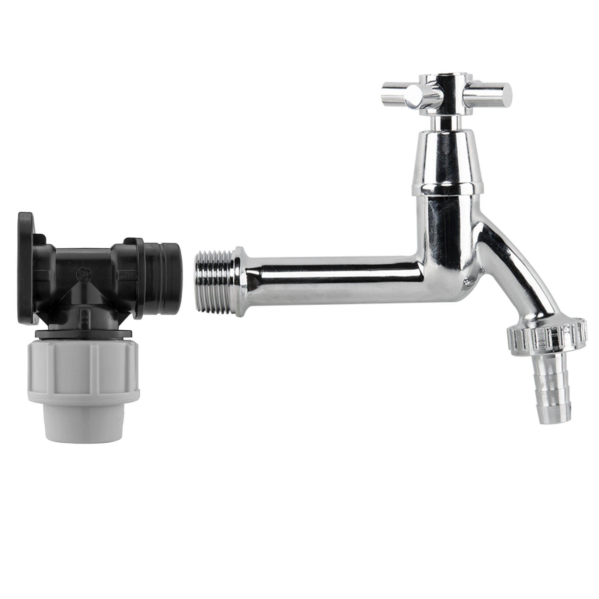 Wall Flange Kit 20mm MDPE - Extended Brass Chrome Tap 1/2" Barb - Best4Trade-Retail Garden watering