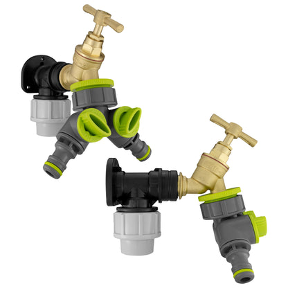 Wall Flange Kit 25mm MDPE + Brass Bib Tap + Lime Two Way Tap Splitter - Best4Trade-Retail Tech Hose & Fittings