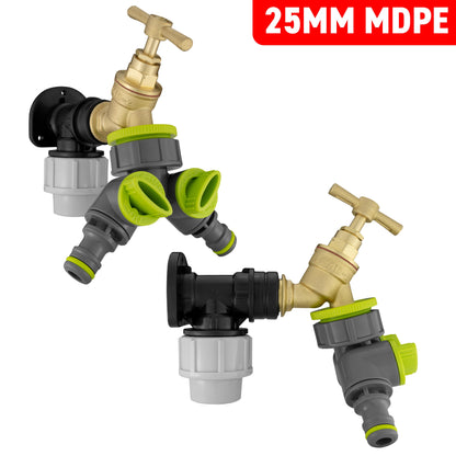 Wall Flange Kit 25mm MDPE + Brass Bib Tap + Lime Two Way Tap Splitter - Best4Trade-Retail Tech Hose & Fittings