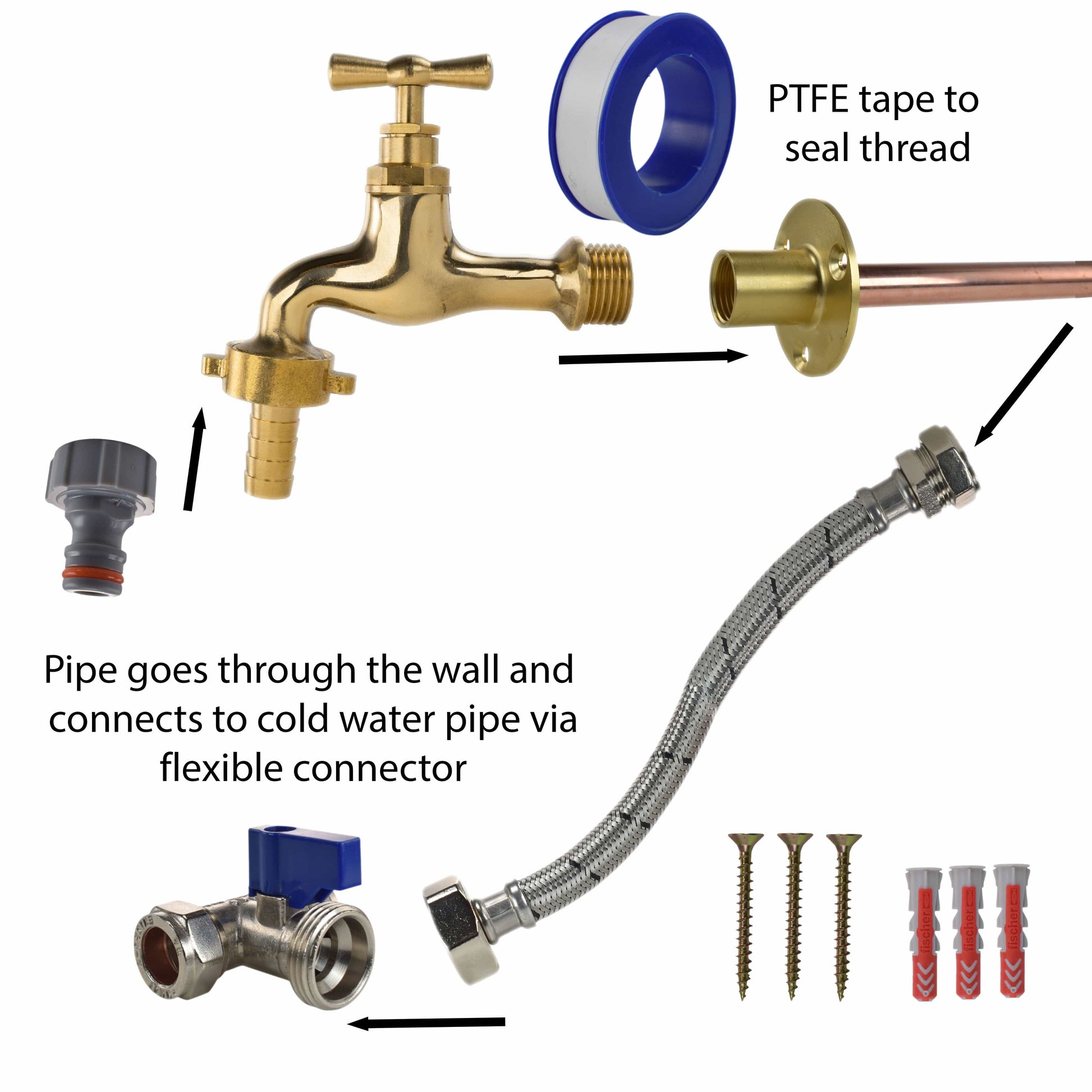 Polished Brass 13mm Barb Tap STANDARD Connection Kit - Best4Trade-Retail Garden watering