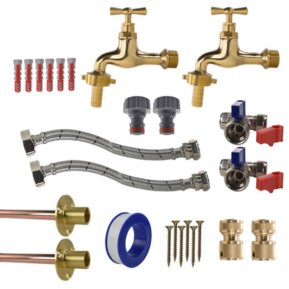 Polished Brass 13mm Barb Tap STANDARD Connection Kit x2 - Best4Trade-Retail Garden watering