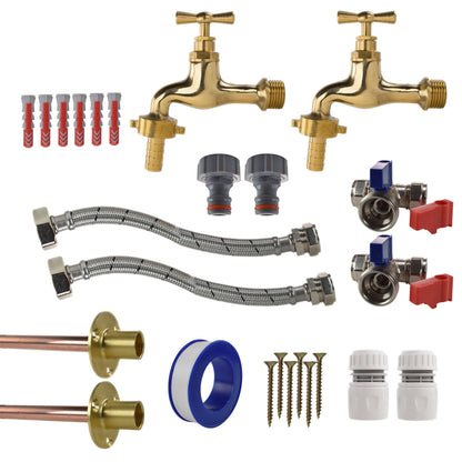 Polished Brass 13mm Barb Tap STANDARD Connection Kit x2 - Best4Trade-Retail Garden watering