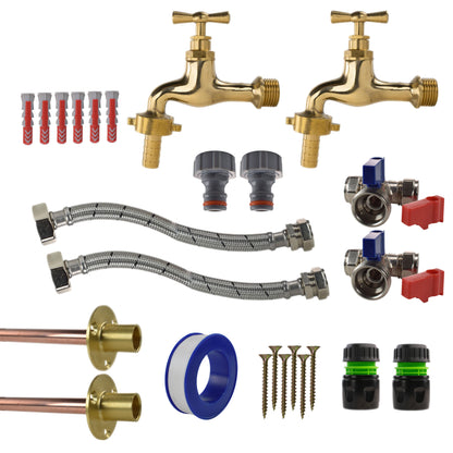 Polished Brass 13mm Barb Tap STANDARD Connection Kit x2 - Best4Trade-Retail Garden watering