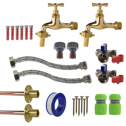 Polished Brass 13mm Barb Tap STANDARD Connection Kit x2 - Best4Trade-Retail Garden watering