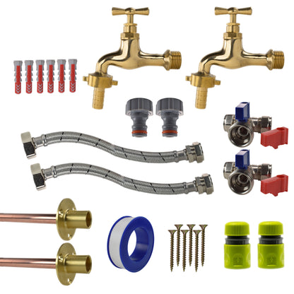 Polished Brass 13mm Barb Tap STANDARD Connection Kit x2 - Best4Trade-Retail Garden watering