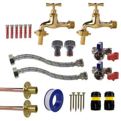 Polished Brass 13mm Barb Tap STANDARD Connection Kit x2 - Best4Trade-Retail Garden watering