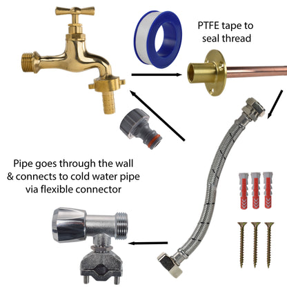 Polished Brass 13mm Barb Tap FULL Connection Kit - Best4Trade-Retail Garden watering