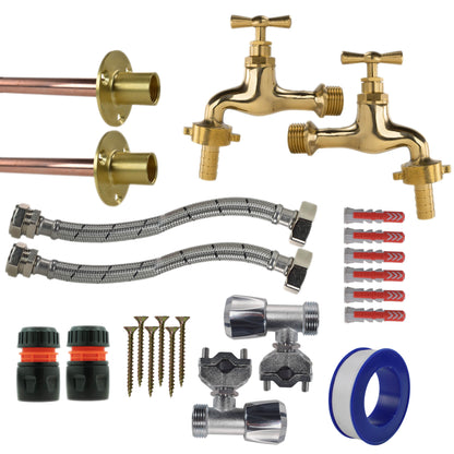 Polished Brass 13mm Barb Tap FULL Connection Kit x2 - Best4Trade-Retail Garden watering