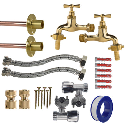 Polished Brass 13mm Barb Tap FULL Connection Kit x2 - Best4Trade-Retail Garden watering