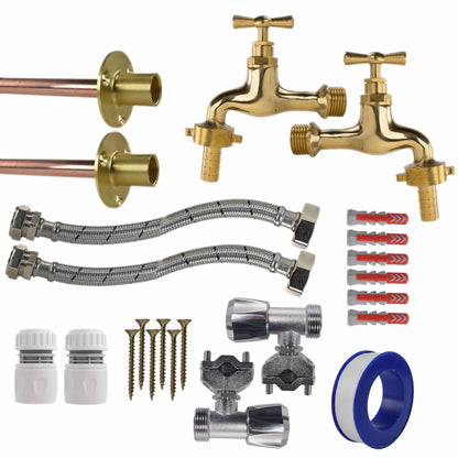 Polished Brass 13mm Barb Tap FULL Connection Kit x2 - Best4Trade-Retail Garden watering