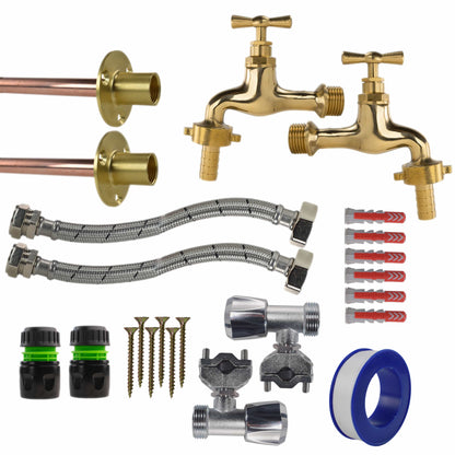 Polished Brass 13mm Barb Tap FULL Connection Kit x2 - Best4Trade-Retail Garden watering