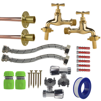 Polished Brass 13mm Barb Tap FULL Connection Kit x2 - Best4Trade-Retail Garden watering