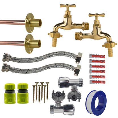 Polished Brass 13mm Barb Tap FULL Connection Kit x2 - Best4Trade-Retail Garden watering