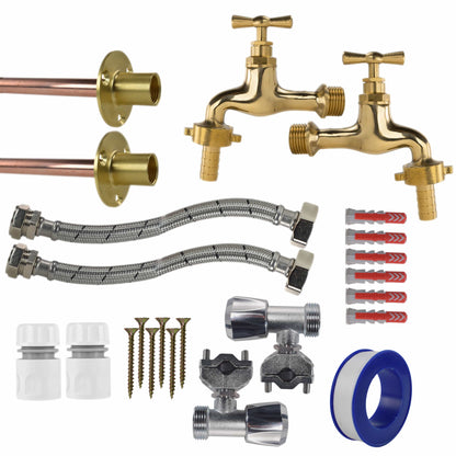Polished Brass 13mm Barb Tap FULL Connection Kit x2 - Best4Trade-Retail Garden watering