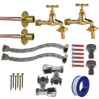 Polished Brass 13mm Barb Tap FULL Connection Kit x2 - Best4Trade-Retail Garden watering