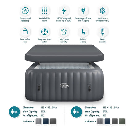 WaveSpa Pacific Inflatable Hot Tub with Integrated Heater – 4–6 Person