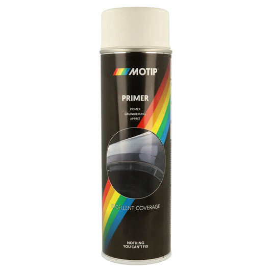 Motip Primer Spray 500ml, Available in White, Grey, Red and Black - Primer spray paint serves to prepare a surface for painting by improving paint adhesion, creating a smooth base, and preventing issues like bleed-through or uneven coverage.