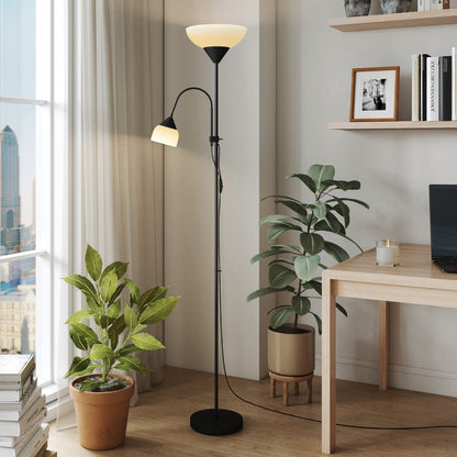 HOMCOM LED Floor Lamp for Living Room, 180cm Tall Standing Lamp, Mother and Child Uplighter with Adjustable Gooseneck, 3000K/4500K/6500K Colour Temperatures, Black