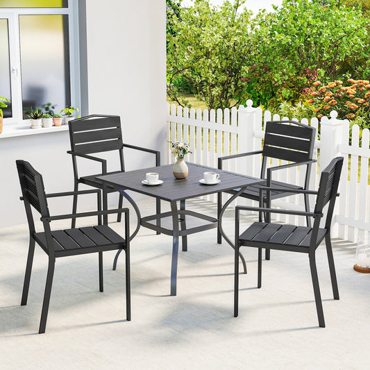 Outsunny Stackable Garden Chairs Set of 4, Garden Dining Chairs with Slatted HDPE Seat Back, Armrests, Metal Frame, Black
