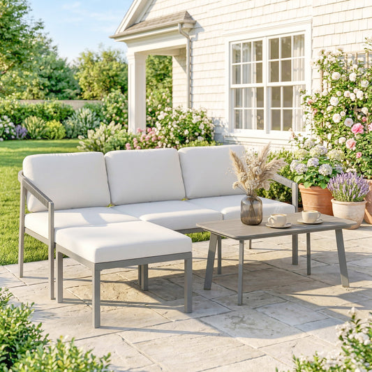 Outsunny 3 Piece Garden Dining Set, Outdoor Patio Furniture with 3 Seater Sofa, Footstool, Coffee Table and Cuhsions