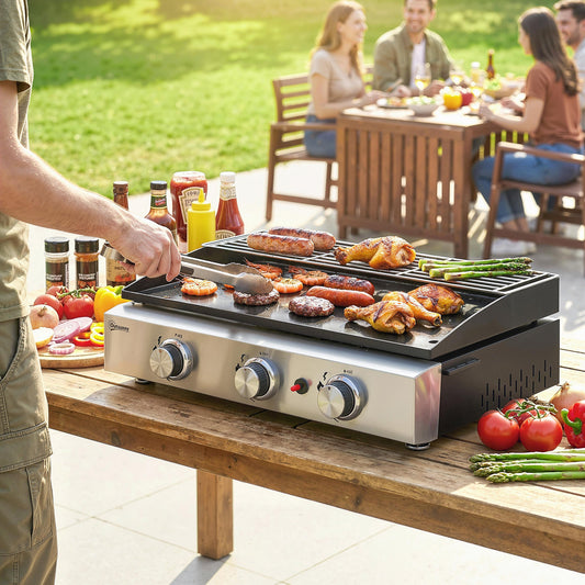 Outsunny 3 Burner Grill Griddle, Portable Gas Plancha with Warming Rack, 7.5 kW, Tabletop Gas BBQ with Grease Cup, Black