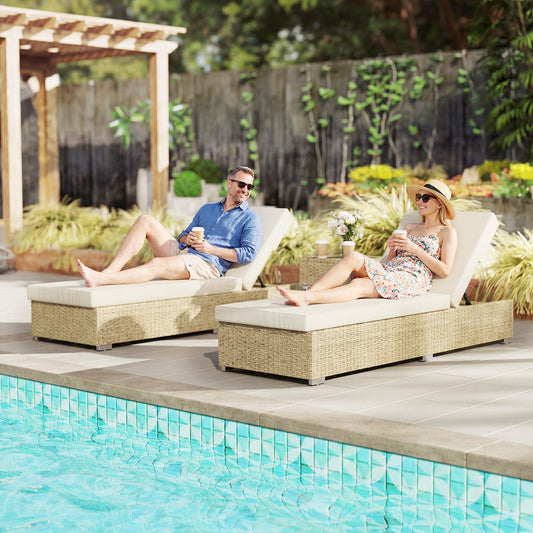 Outsunny Rattan Sun Loungers Set of 2 with Side Table, Garden Recliner Sunbeds with Adjustable Back, Cushions, Beige