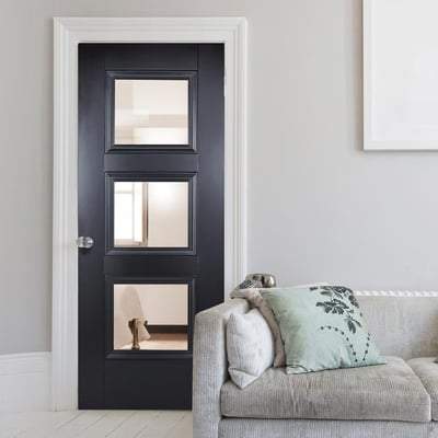 Amsterdam Black Primed 3 Glazed Clear Bevelled Light Panel Interior Door - 1981mm x 762mm - LPD Doors
