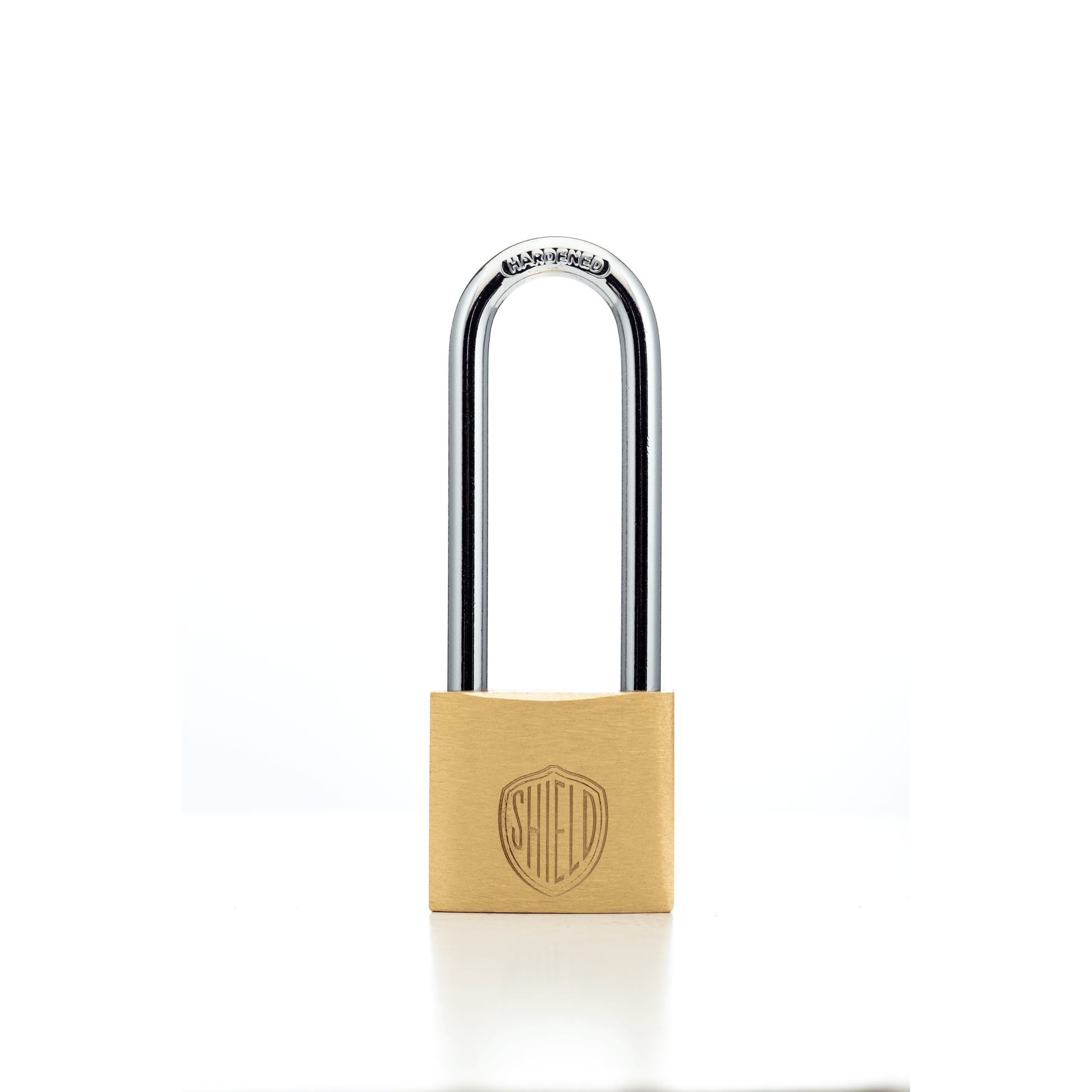 Shield Long Shackle Brass Padlock - Nothing But Padlocks