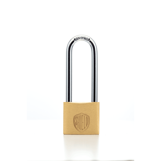 Shield Long Shackle Brass Padlock - Nothing But Padlocks