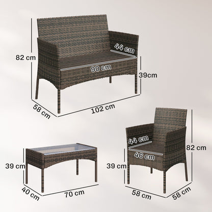 Outsunny 4 Piece Rattan Garden Furniture Sofa Set with Loveseat, Armchairs, Glass-Top Coffee Table and Cushions, Brown