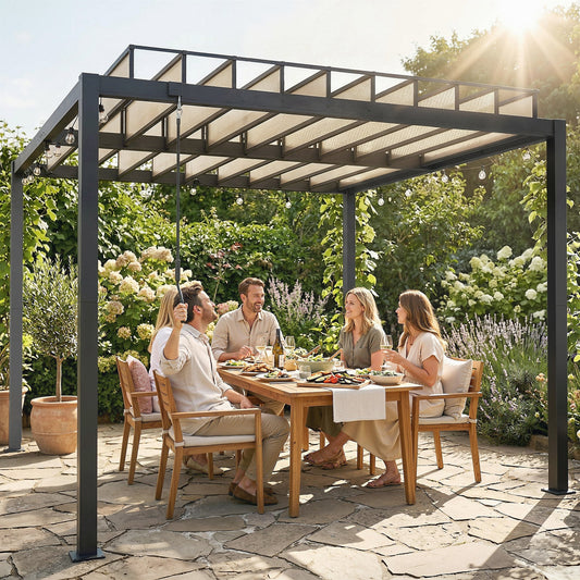 Outsunny 3 x 3 m Louvered Pergola with PC Roof, Aluminium Patio Gazebo Pergola Canopy with Drainage Gutters, Handle, Coffee