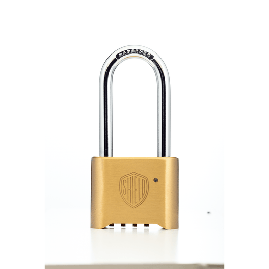 Shield Long Shackle Brass Combination Padlock - Nothing But Padlocks