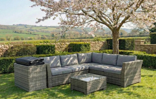 Chesterton Grey 5 Seater Corner Rattan Garden Sofa Lounge Set, Cover and Cushion Box Bundle - MINT Outdoor