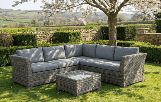 Chesterton Grey 5 Seater Corner Rattan Garden Sofa Lounge Set and Cover Bundle - MINT Outdoor