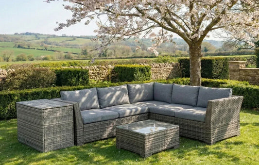 Chesterton Grey 5 Seater Corner Rattan Garden Sofa Lounge Set and Cushion Box Bundle - MINT Outdoor