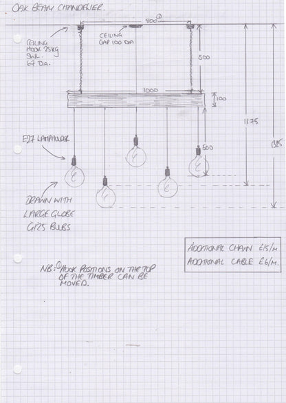 1m Oak Beam Chandelier with 5 Lights | Kitchen Island Lighting UK