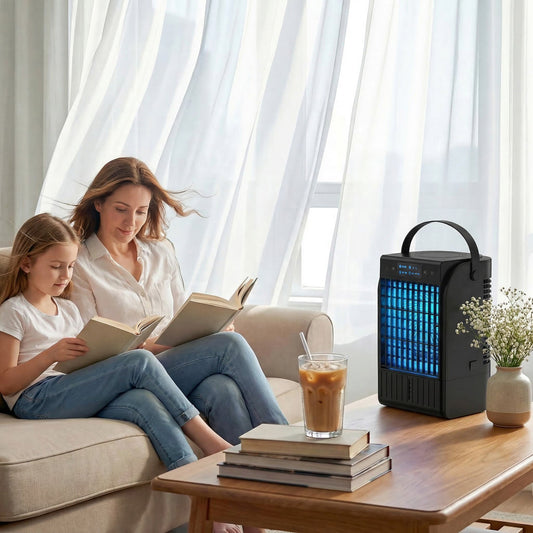 HOMCOM Portable Air Conditioner, 4-in-1 Mini Air Cooler with 4 Wind Speed, 2 Cool Mist, RGB 7 LED Light, Black